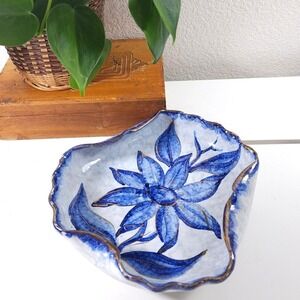 Vtg‎ Italian Pottery Dish 5805 Rose Blue Floral Gold Trim Hand Painted Majolica